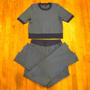 ICŌNE (Simons) Blue Knit Set; Short Sleeve Top, Wide Leg Pants - Women's LARGE